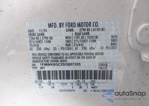 2025 Ford Explorer St из США, поврежденный, VIN 1FMWK8GC2SGB07205